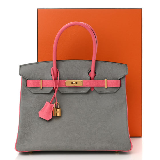 HERMES Epsom Horseshoe Birkin 30 Gris Mouette Rose Azalee