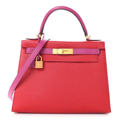 HERMES Chevre Mysore Horseshoe Kelly Sellier 28 Rouge Casaque Rose Pourpre