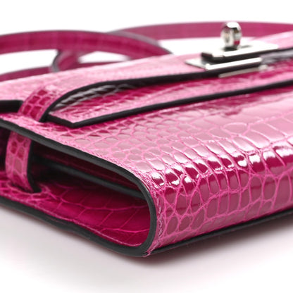 HERMES Shiny Alligator Kelly Wallet To Go Rose Pourpre