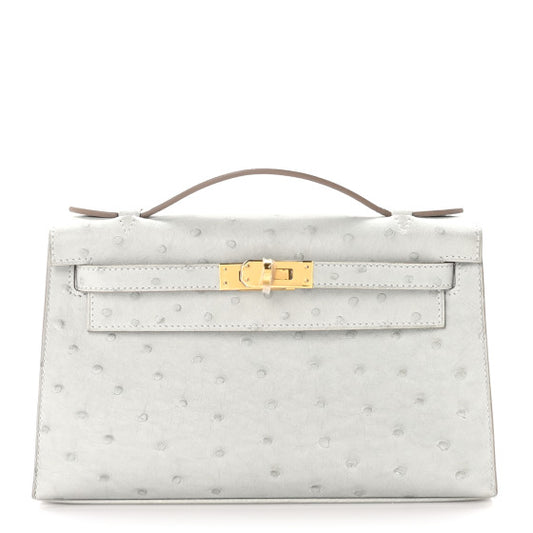 HERMES Ostrich Kelly Pochette Clutch Gris Perle