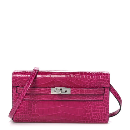 HERMES Shiny Alligator Kelly Wallet To Go Rose Pourpre