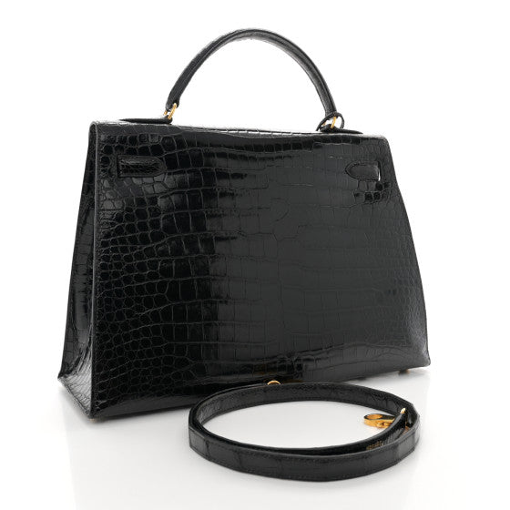 HERMES Shiny Porosus Crocodile Kelly Sellier 32 Black