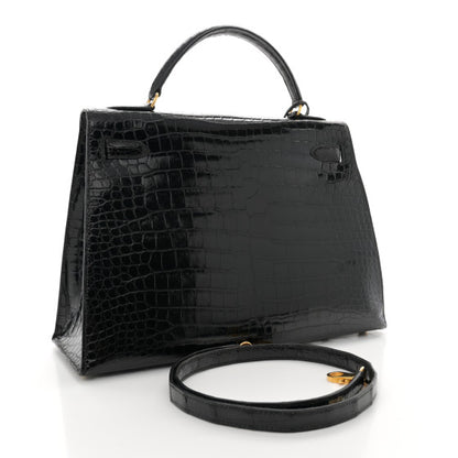 HERMES Shiny Porosus Crocodile Kelly Sellier 32 Black