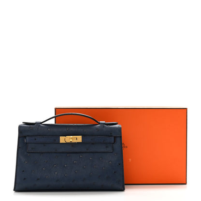 HERMES Ostrich Kelly Pochette Clutch  Bleu Roi