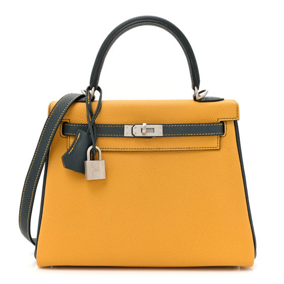 HERMES Togo Horseshoe Kelly Retourne 25 Jaune Ambre Vert Cypress