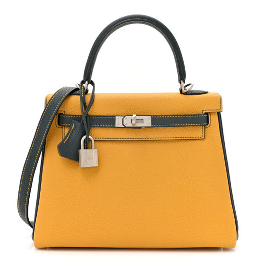 HERMES Togo Horseshoe Kelly Retourne 25 Jaune Ambre Vert Cypress