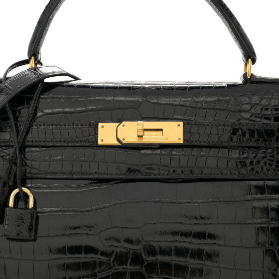 HERMES Shiny Porosus Crocodile Kelly Sellier 32 Black