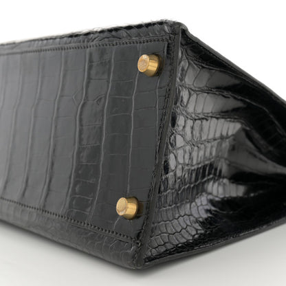 HERMES Shiny Porosus Crocodile Kelly Sellier 32 Black