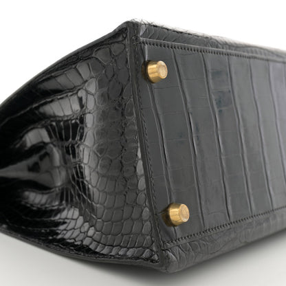 HERMES Shiny Porosus Crocodile Kelly Sellier 32 Black