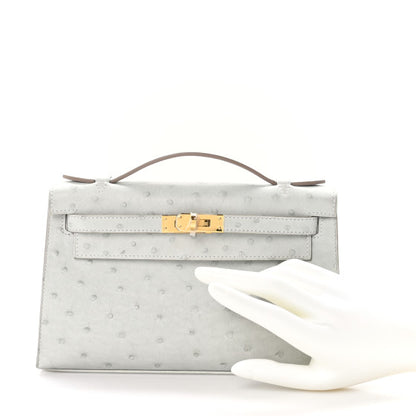 HERMES Ostrich Kelly Pochette Clutch Gris Perle