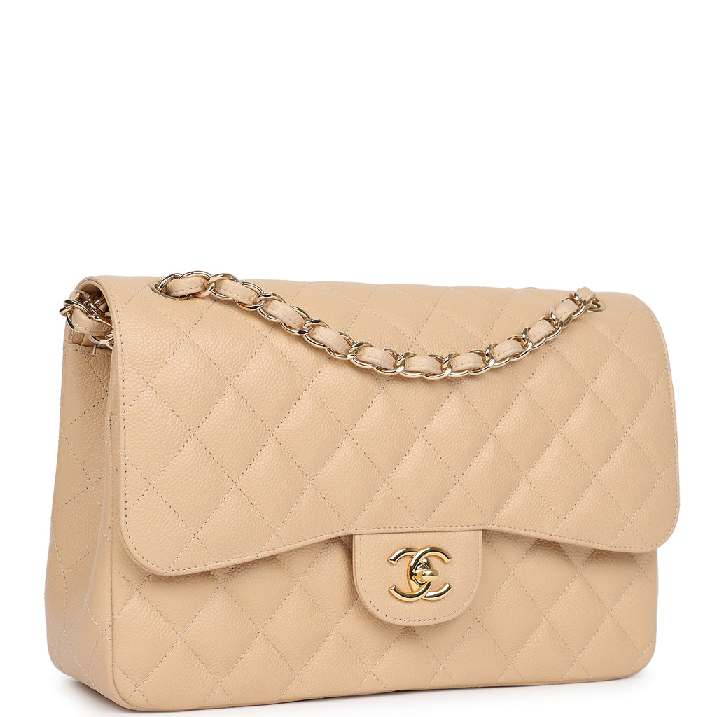 Chanel Jumbo Classic Double Flap Bag Beige Caviar Gold Hardware