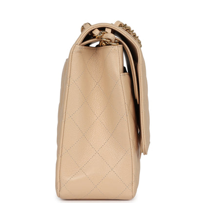 Chanel Maxi Classic Double Flap Bag Beige Caviar Gold Hardware