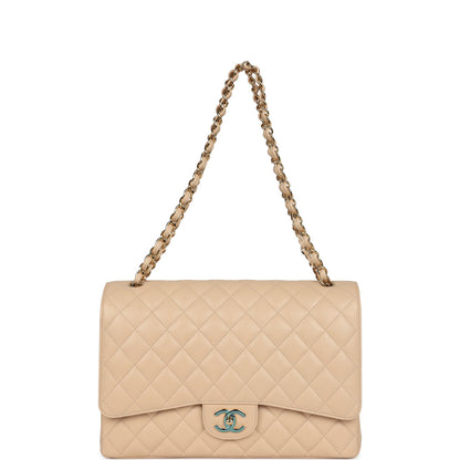 Chanel Maxi Classic Double Flap Bag Beige Caviar Gold Hardware