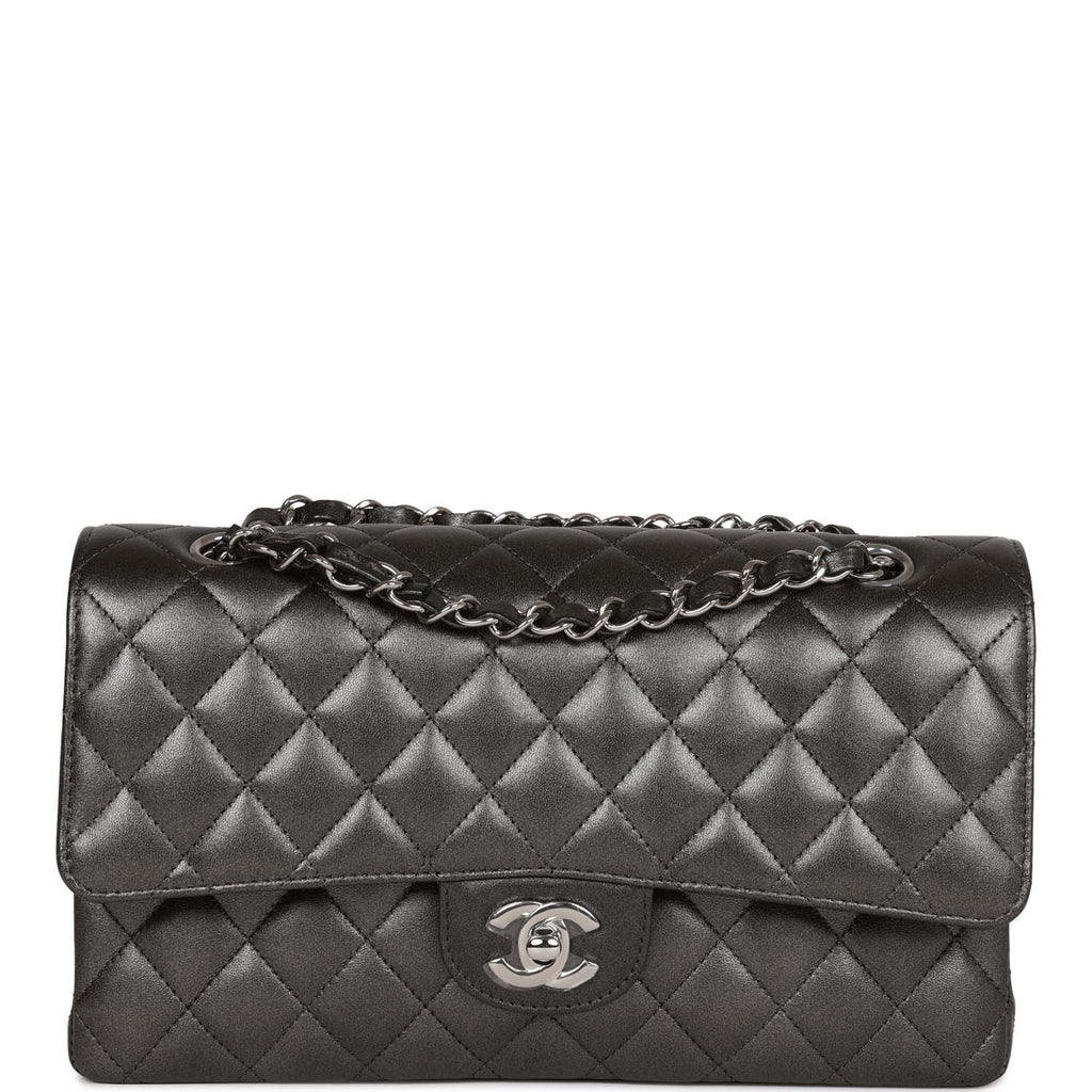 Chanel Medium Classic Double Flap Bag Metallic Grey Lambskin Silver Hardware