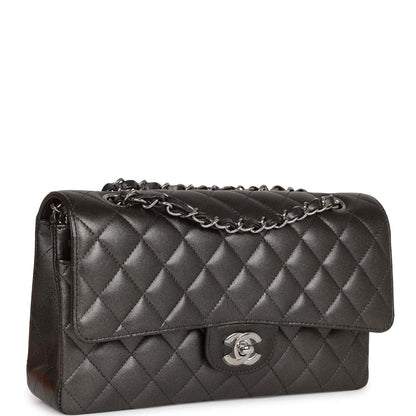 Chanel Medium Classic Double Flap Bag Metallic Grey Lambskin Silver Hardware