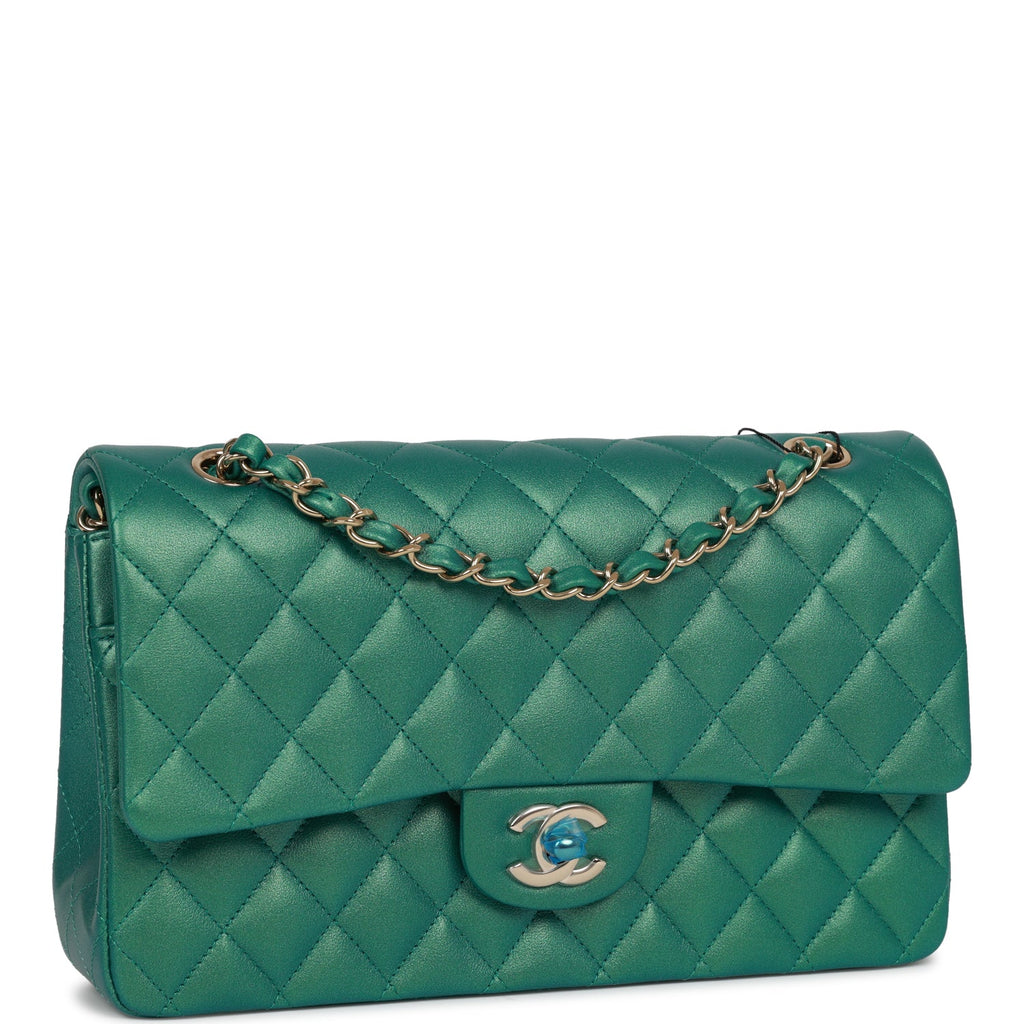 Chanel Medium Classic Double Flap Bag Green Iridescent Lambskin Light Gold Hardware