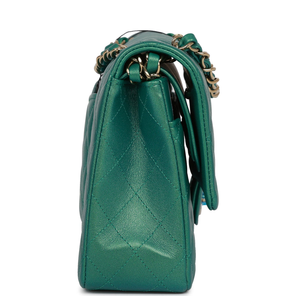 Chanel Medium Classic Double Flap Bag Green Iridescent Lambskin Light Gold Hardware