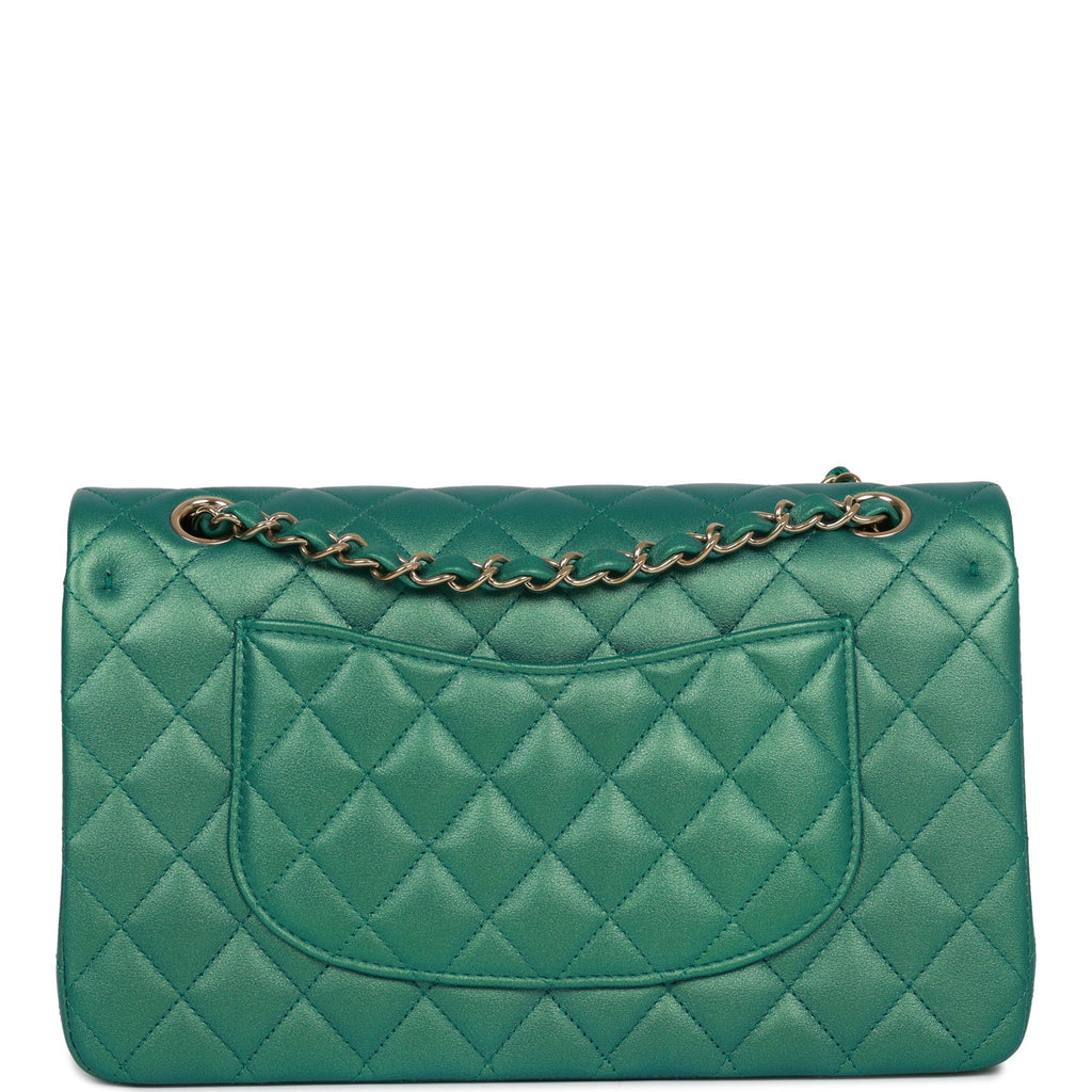 Chanel Medium Classic Double Flap Bag Green Iridescent Lambskin Light Gold Hardware