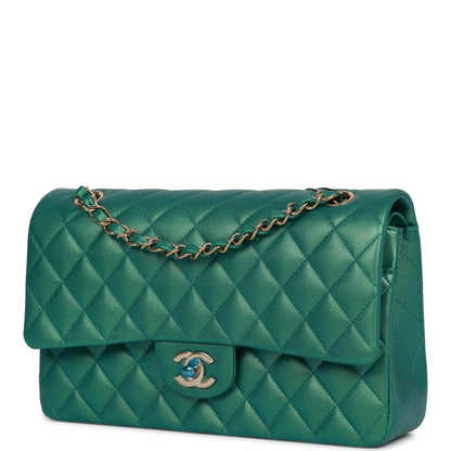 Chanel Medium Classic Double Flap Bag Green Iridescent Lambskin Light Gold Hardware