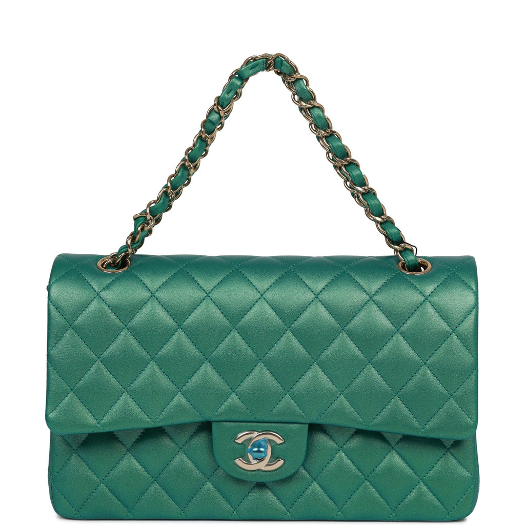 Chanel Medium Classic Double Flap Bag Green Iridescent Lambskin Light Gold Hardware