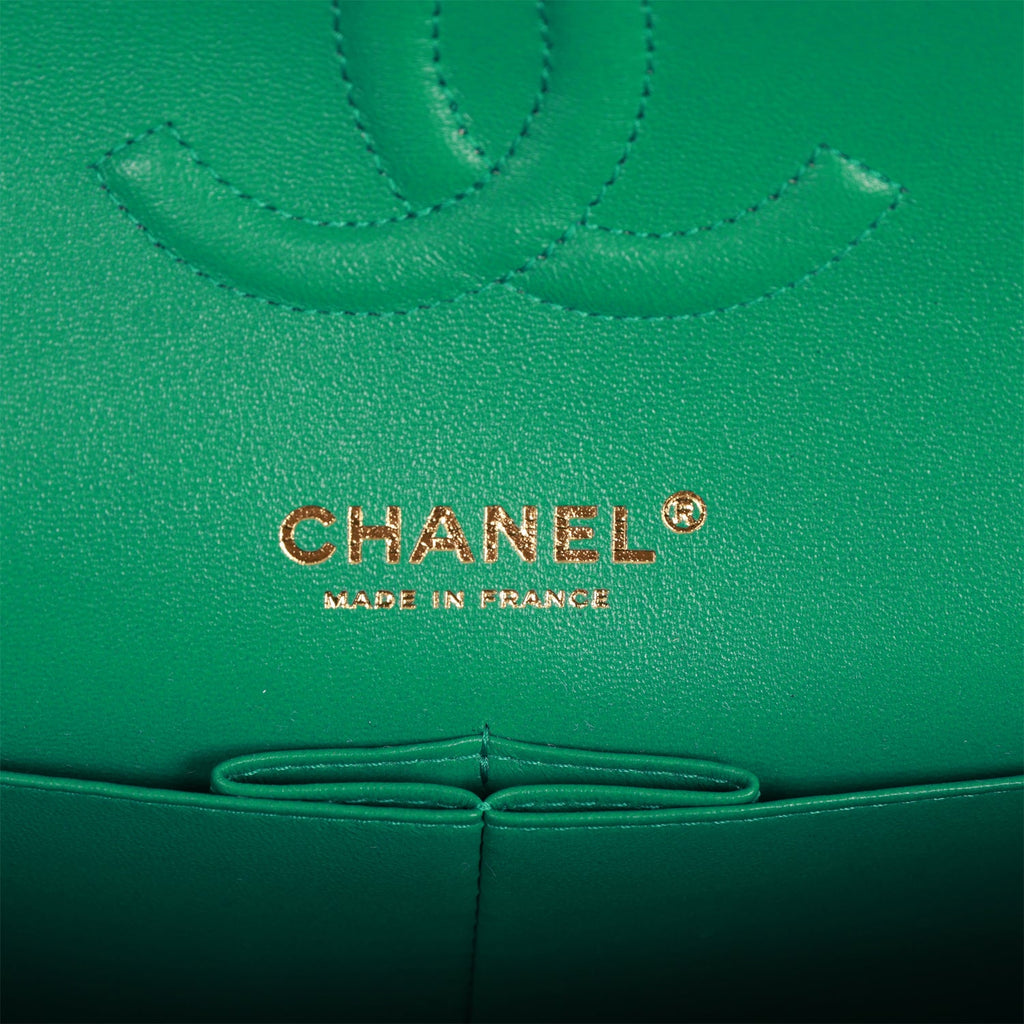 Chanel Medium Classic Double Flap Bag Green Iridescent Lambskin Light Gold Hardware