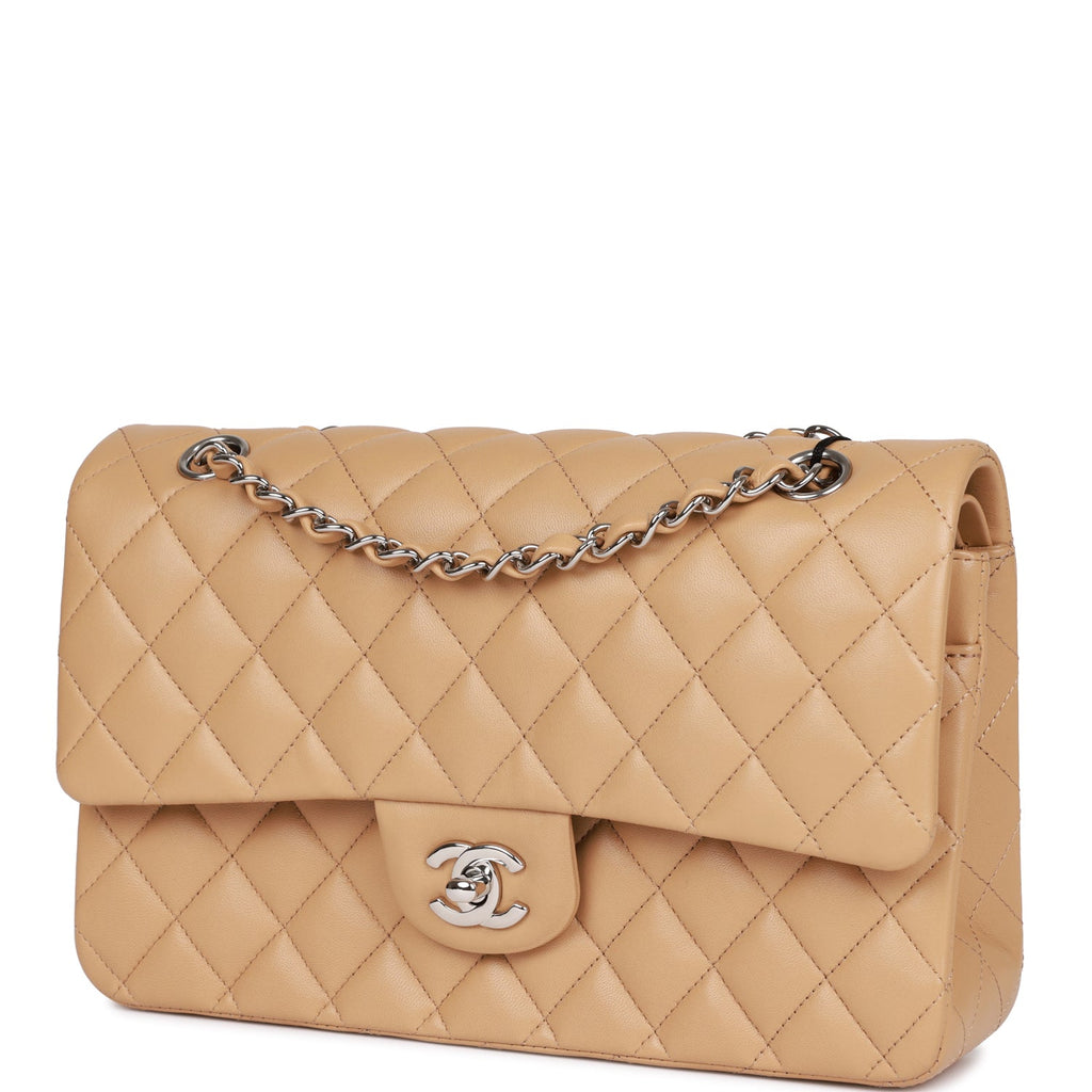 Chanel Medium Classic Double Flap Bag Beige Lambskin Silver Hardware