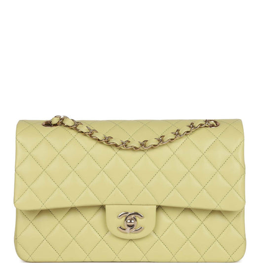 Chanel Medium Classic Double Flap Bag Light Green Lambskin Light Gold Hardware