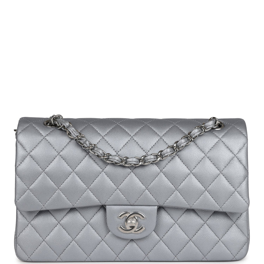 Chanel Medium Classic Double Flap Silver Caviar Silver Hardware