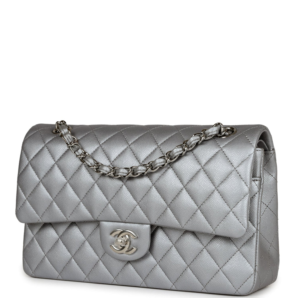 Chanel Medium Classic Double Flap Silver Caviar Silver Hardware