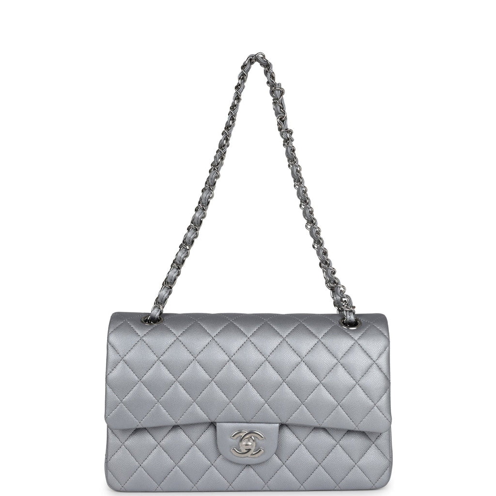 Chanel Medium Classic Double Flap Silver Caviar Silver Hardware