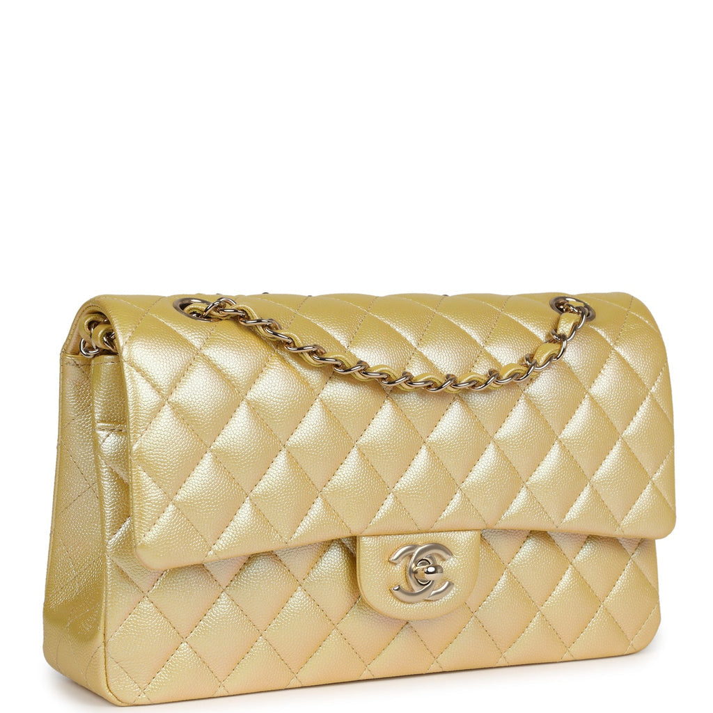 Chanel Medium Classic Double Flap Bag Yellow Iridescent Caviar Light Gold Hardware