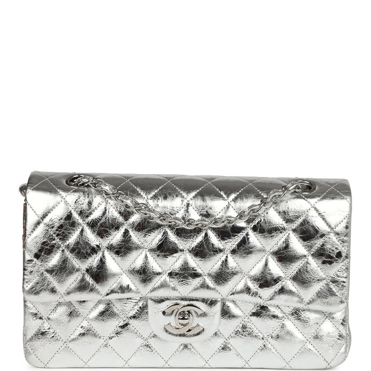 Chanel Medium Classic Double Flap Bag Metallic Silver Aged Calfskin Silver Hardware