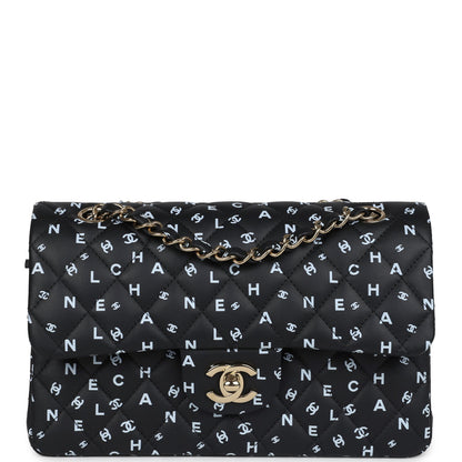 Chanel Small Classic Double Logo Printed Flap Bag Black and White Calfskin Gold Hardware