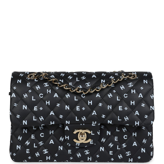 Chanel Small Classic Double Logo Printed Flap Bag Black and White Calfskin Gold Hardware