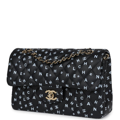 Chanel Small Classic Double Logo Printed Flap Bag Black and White Calfskin Gold Hardware