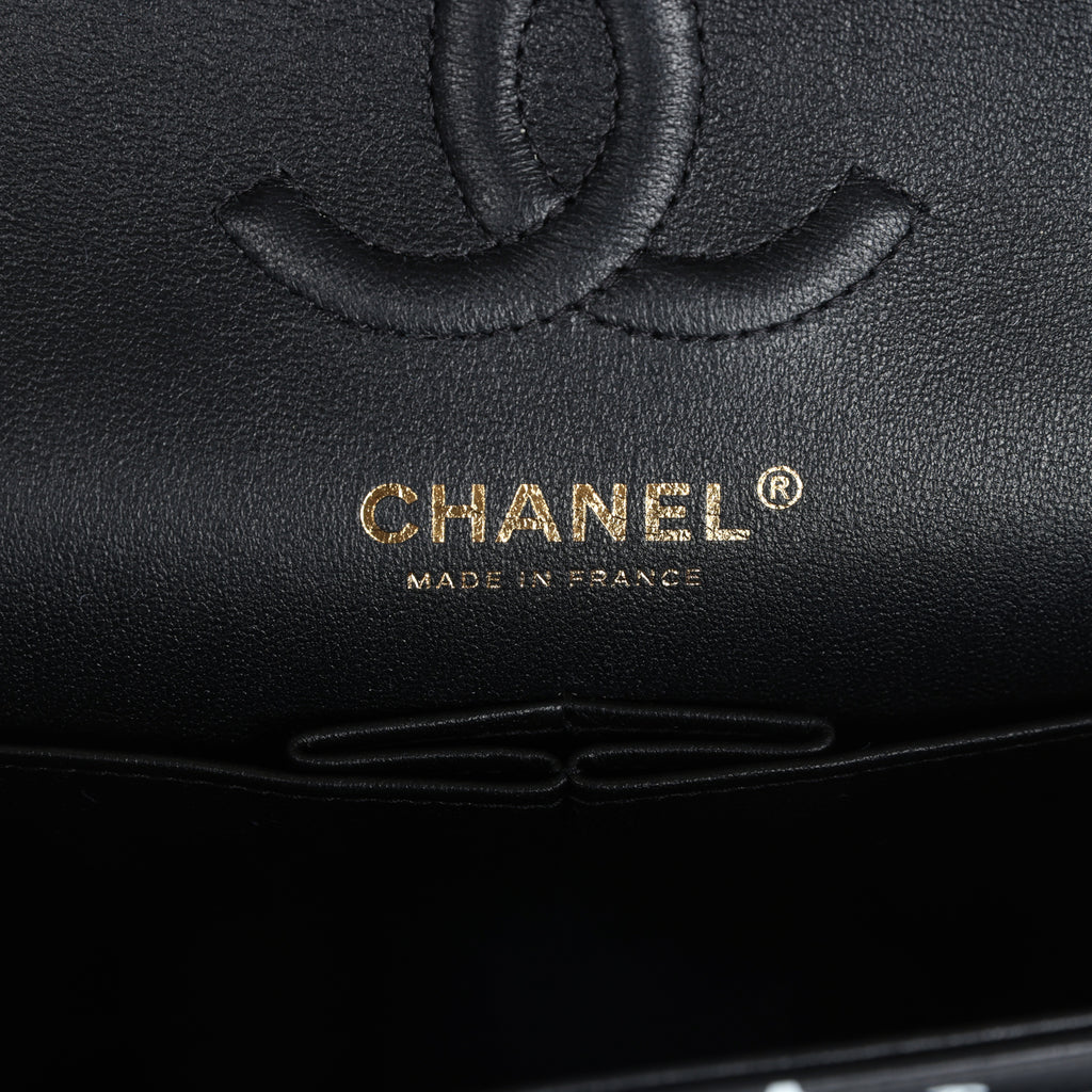 Chanel Small Classic Double Logo Printed Flap Bag Black and White Calfskin Gold Hardware