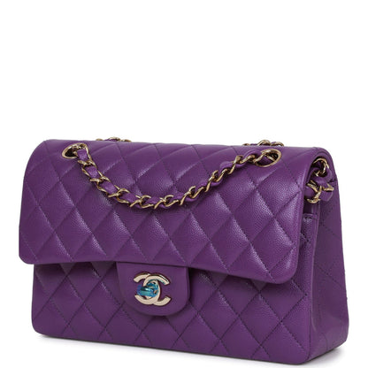 Chanel Purple Caviar Small Classic Double Flap Bag Light Gold Hardware