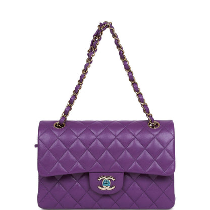 Chanel Purple Caviar Small Classic Double Flap Bag Light Gold Hardware