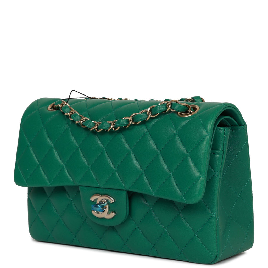 Chanel Small Classic Double Flap Bag Green Lambskin Light Gold Hardware