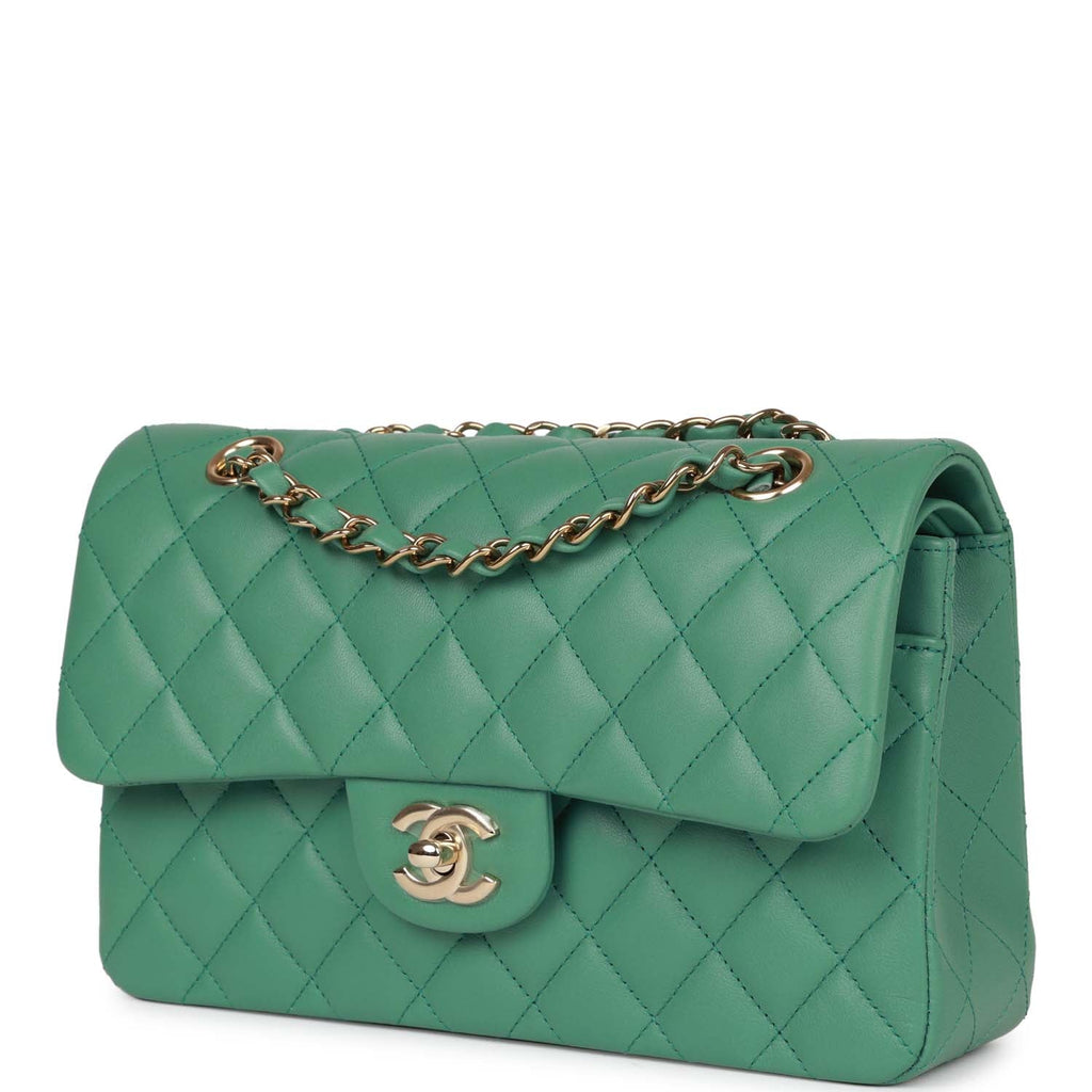 Chanel Small Classic Double Flap Bag Green Lambskin Light Gold Hardware