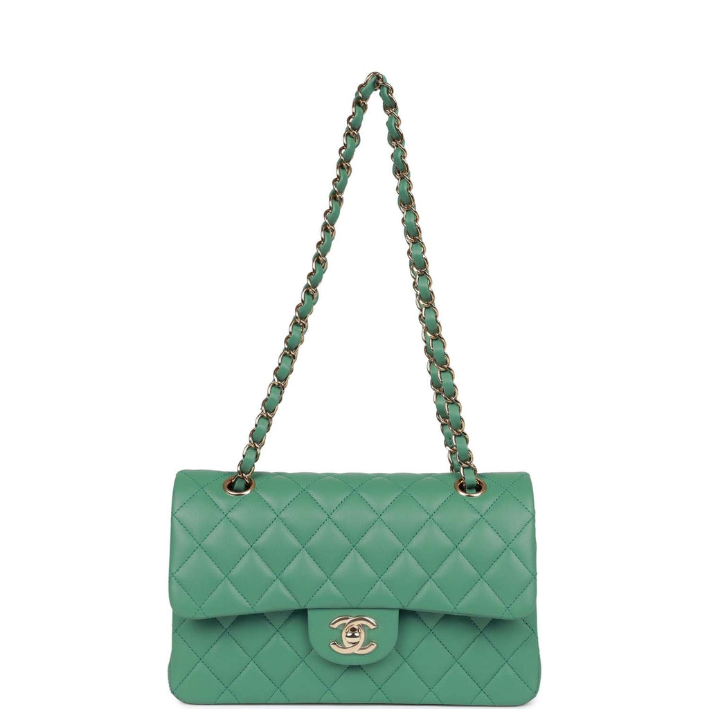 Chanel Small Classic Double Flap Bag Green Lambskin Light Gold Hardware