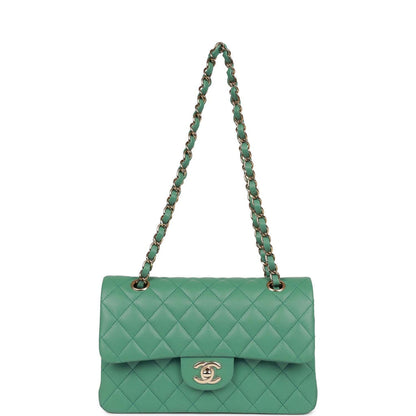 Chanel Small Classic Double Flap Bag Green Lambskin Light Gold Hardware