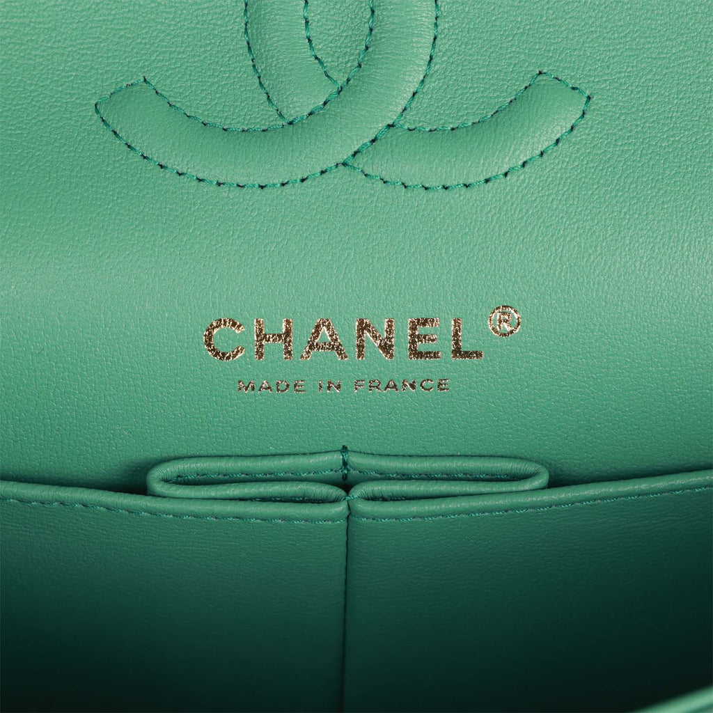 Chanel Small Classic Double Flap Bag Green Lambskin Light Gold Hardware