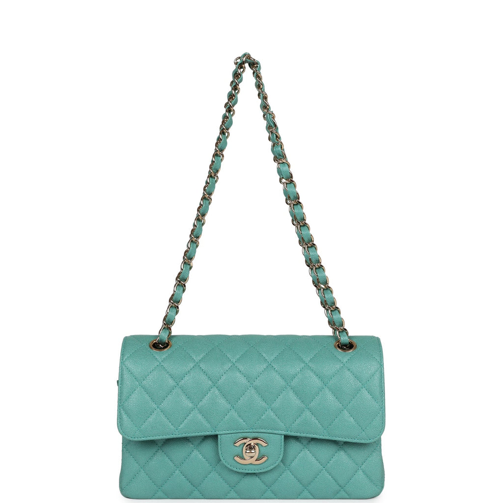 Chanel Small Classic Double Flap Turquoise Iridescent Caviar Light Gold Hardware