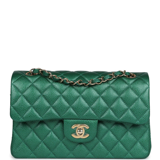 Chanel Small Classic Double Flap Bag Emerald Green Shiny Caviar Gold Hardware