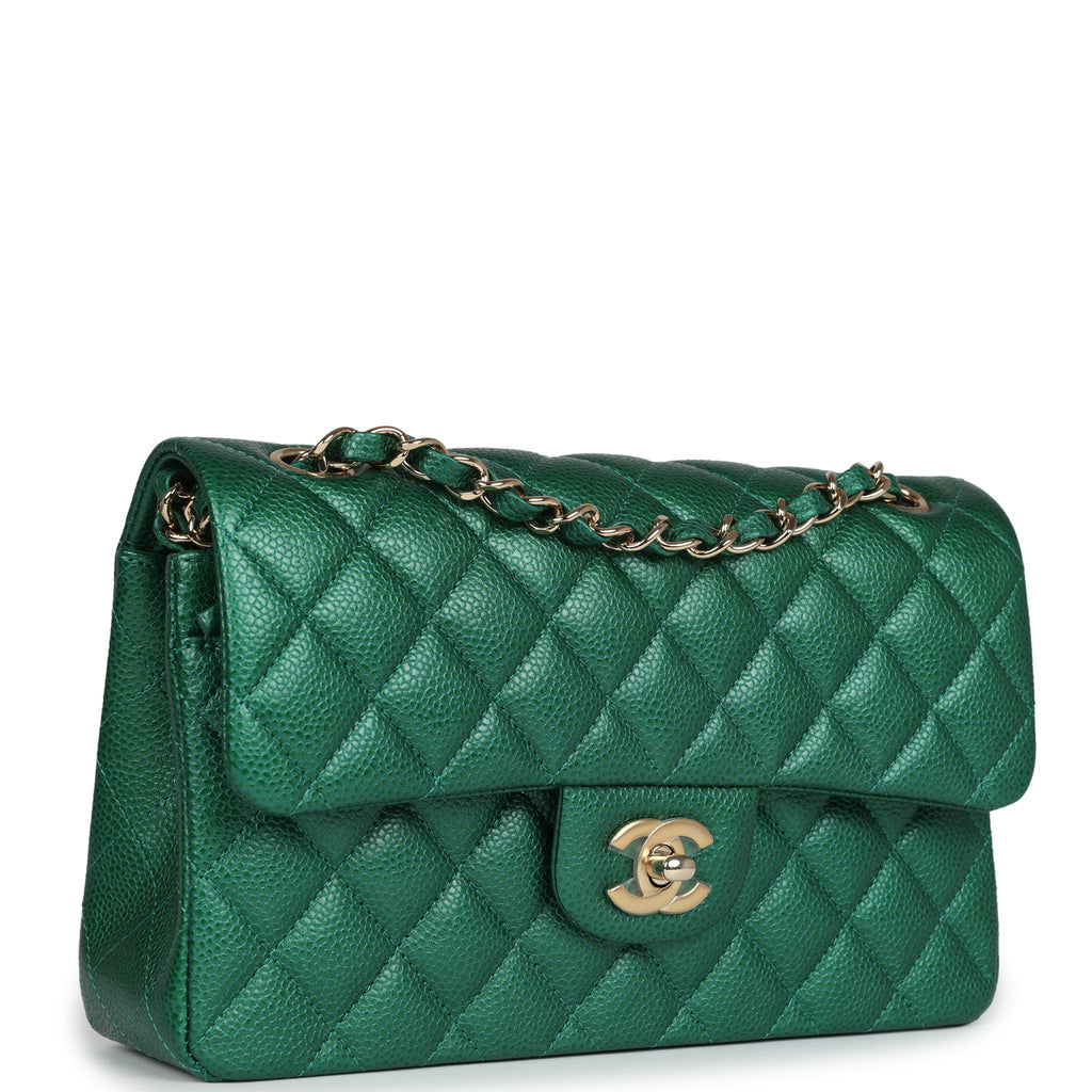 Chanel Small Classic Double Flap Bag Emerald Green Shiny Caviar Gold Hardware