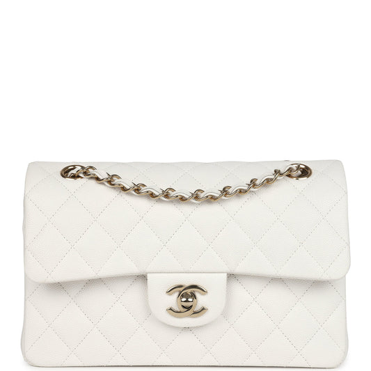 Chanel Small Classic Double Flap White Caviar Light Gold Hardware