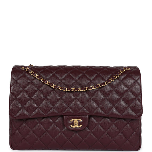 Chanel XXL Classic Single Flap Bag Burgundy Shiny Caviar Antique Gold Hardware