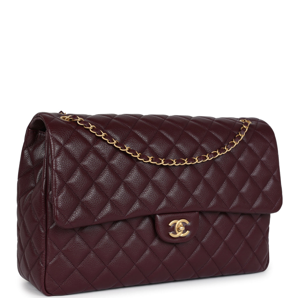 Chanel XXL Classic Single Flap Bag Burgundy Shiny Caviar Antique Gold Hardware