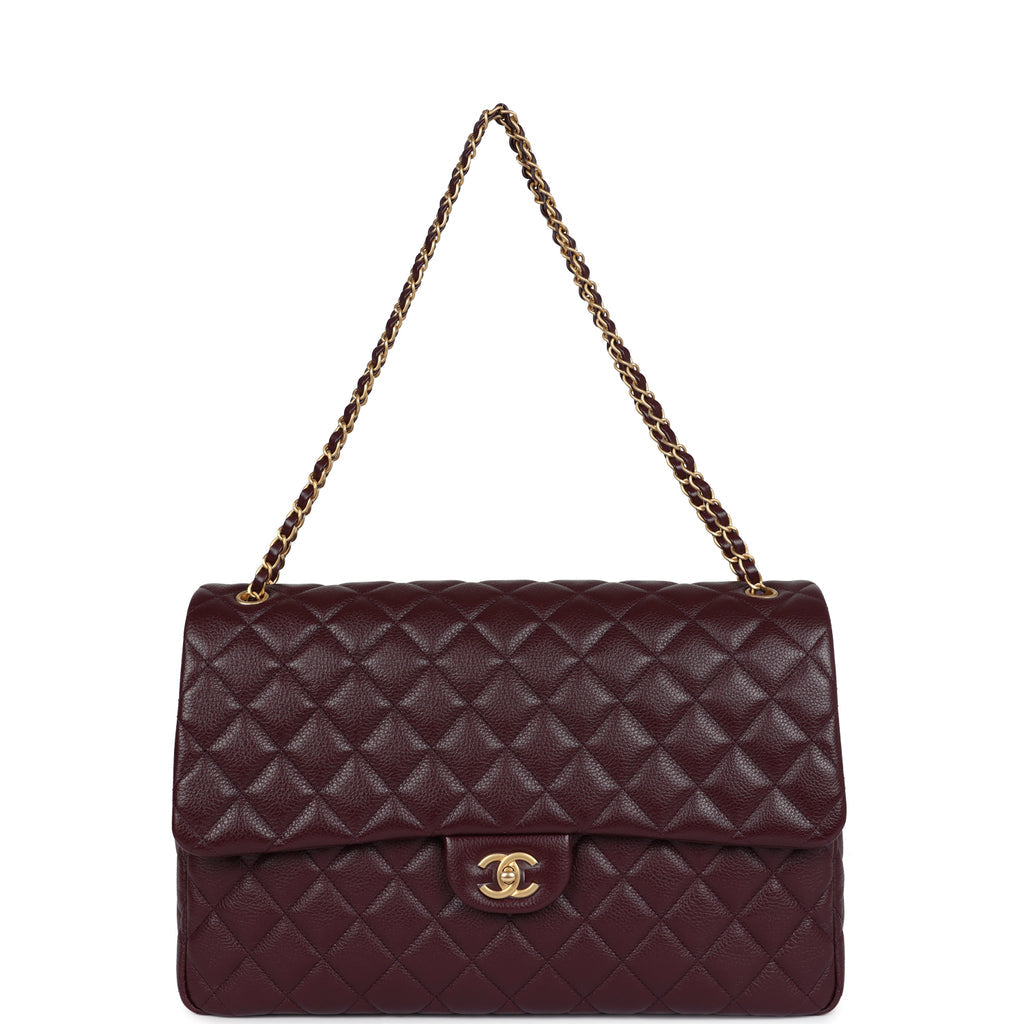 Chanel XXL Classic Single Flap Bag Burgundy Shiny Caviar Antique Gold Hardware